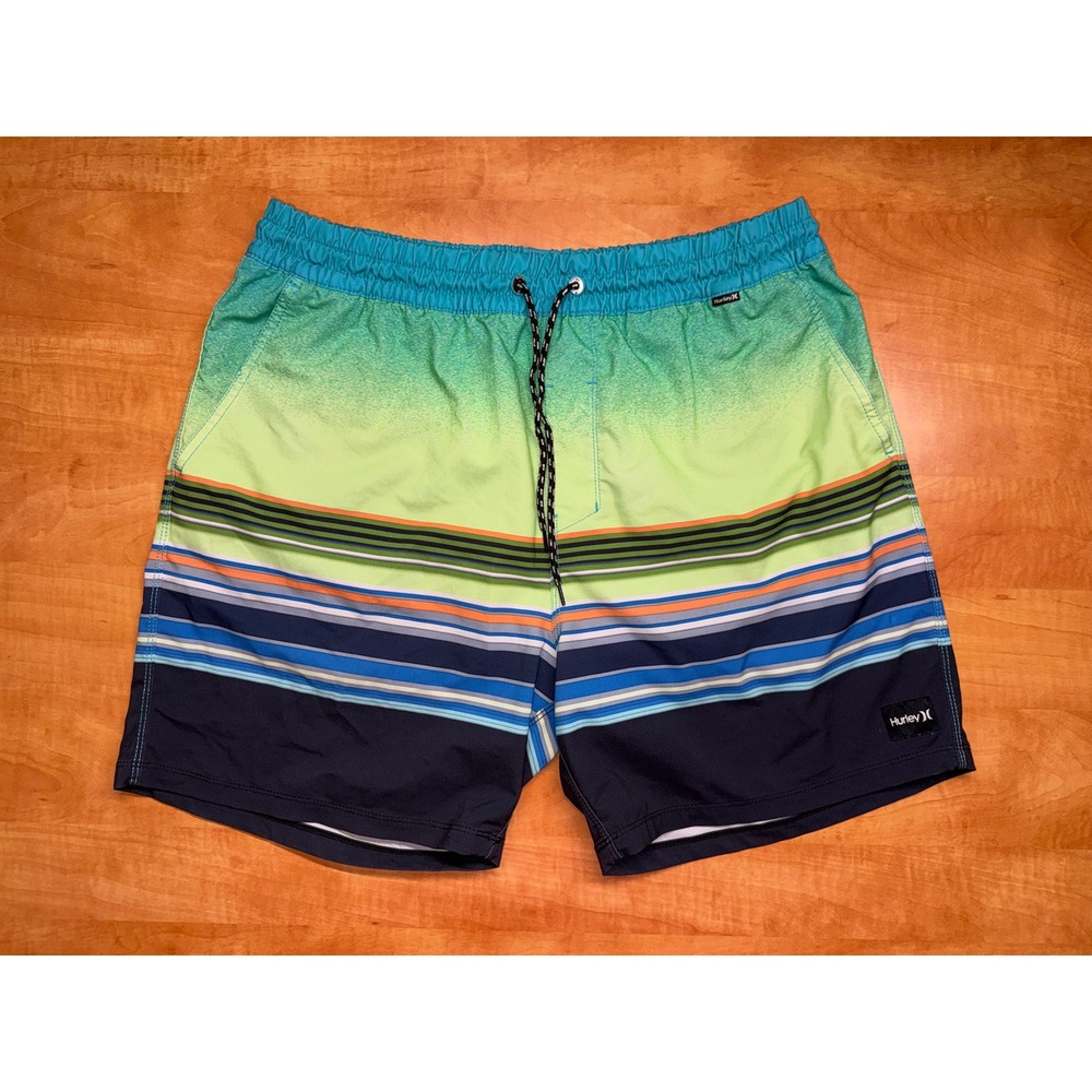 Hurley Mens Board Shorts Green Blue Ombre Stripe Swim Trunks Size L